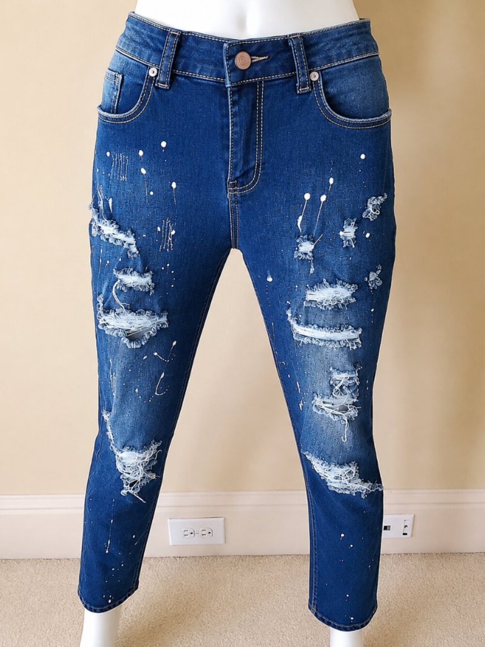 Kunmi Dark Wash Splash Ink Distressed Ripped Frayed Rag Stitching Jeans SZ 30